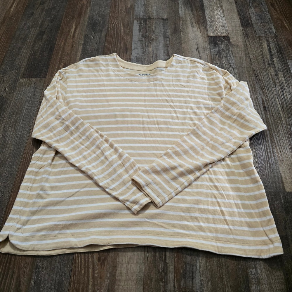 Lands End Striped Long Sleeve T-Shirt Womens 1X Tan White Cotton 551075
